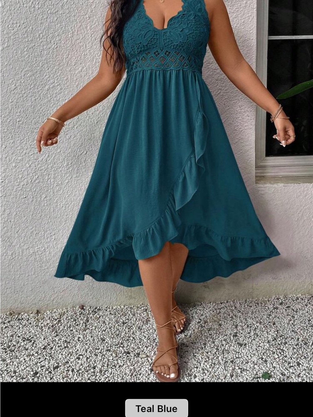 SHEIN Teal Blue Lace V-Neck High-Low Midi Dress